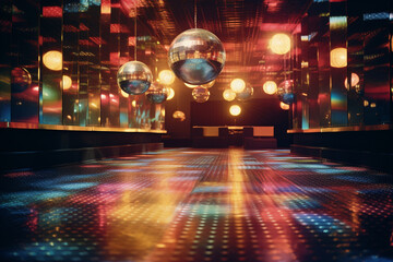 Illustration of a retro-style disco ballroom with colorful lights, embodying the disco fever of the 1970s. - obrazy, fototapety, plakaty