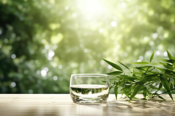 A glass of clean water next to bamboo branches on a white background