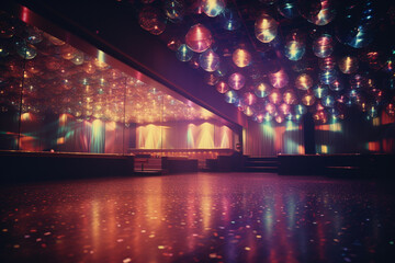 Illustration of a retro-style disco ballroom with colorful lights, embodying the disco fever of the 1970s.