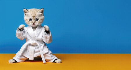 Little kitten in kimono shows karate techniques on yellow and blue background, banner