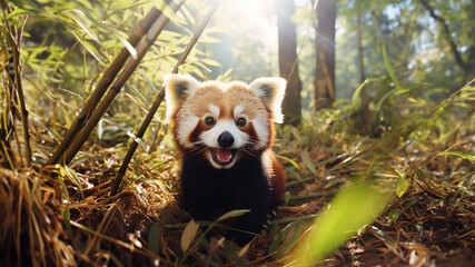 Hyperrealistic portrayal of a red panda in a lush bamboo forest, with its fluffy fur and playful expression captured with lifelike precision.