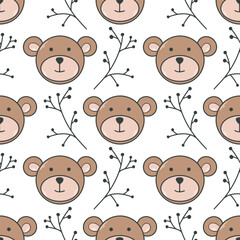 Teddy bear head seamless pattern. Cozy background with toy bear and twigs. Print for baby textiles, clothing, fabrics, wallpaper, packaging and design, vector illustration