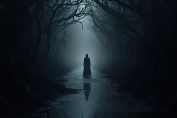 Photo sur Plexiglas Noir Horror night forest landscape with scary ghost. Mysterious fairy forest in a fog. Dark fantasy background, paranormal another world