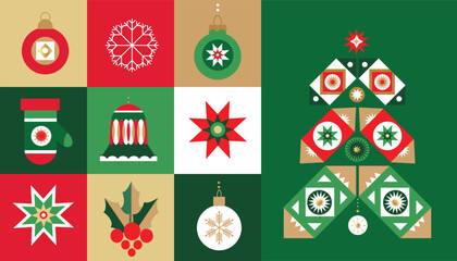 Merry Christmas and Happy New Year 2024 holiday template design banner, Christmas tree, nutcracker, Santa Claus, Gifts, ball toy, snowflake Modern Xmas flat cartoon cute vector illustration