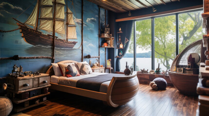  Pirate ship-themed boys bedroom with a treasure map 
