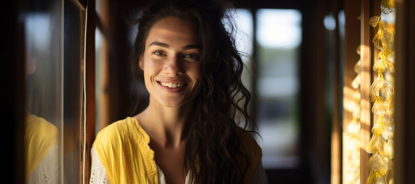 Portrait of a beautiful brunette woman on the background of a window yellow jumper