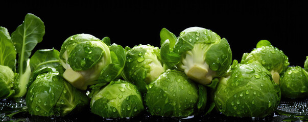 Brussels sprouts with drops of moisture on dark background, banner - obrazy, fototapety, plakaty