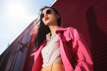 Young beautiful asian woman in pink casual jacket and sunglasses posing on the street. Stylish busy successful businesswoman walking on big city. Fashion beauty concept  - obrazy, fototapety, plakaty