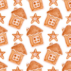 Watercolor pattern, various gingerbread on a white background. Pattern for Christmas and New Year's decor, wrapping etc.
