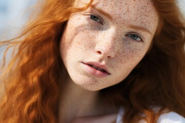 Naklejka premium Beautiful blue eyed woman with freckles. Sensitive redhead girl model with natural makeup. Healthy natural skin, skin care. Beauty and skincare cosmetics treatment concept