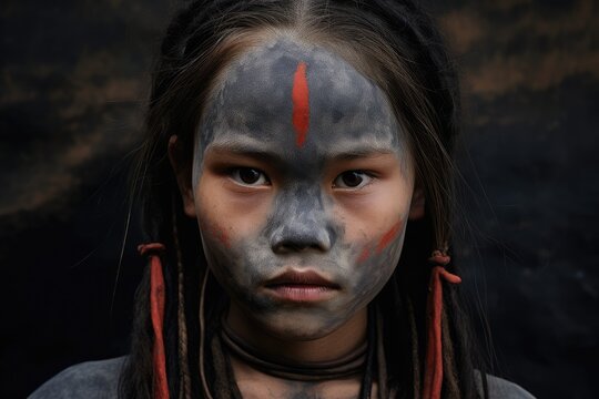 Girl with beautiful face art on black background. Beautiful Indian woman hunter with big American Indian plume of feathers. Native american creative makeup. Western style