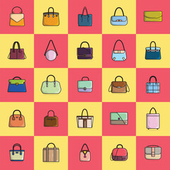 Collection Of 25 Elegant Ladies Leather Handbags or Purses with Black Handle vector illustration. Beauty fashion objects icon concept. Set of New arrival women fashion bags vector design.