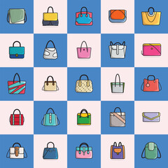 Collection Of 25 Women Event Purses vector illustration. Beauty fashion objects icon concept. Set of Hand and shoulder bags models in modern style vector design.