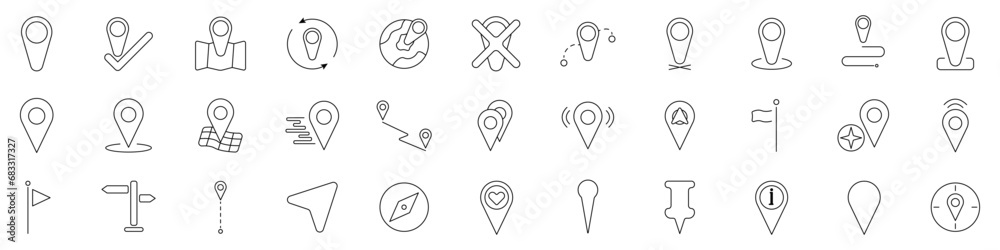 Poster location vector icon set. linear set of geolocation symbols. pin location on map vector icon. gps na