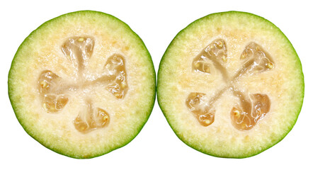 Two slices tropical fruit feijoa isolated on a transparent background. Top view.