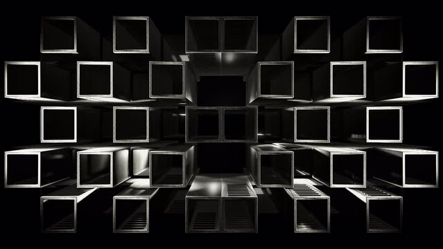 3D cube structure, abstract array of hollow boxes with light effects, seamless VJ Loop