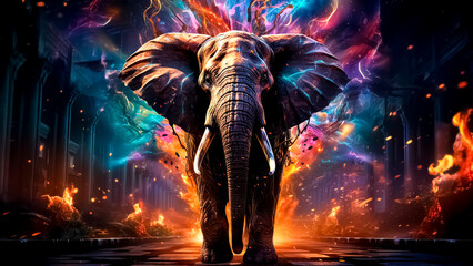 Majestic Elephant in the dark with fire and smoke.