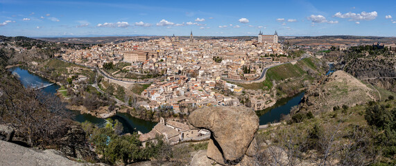 Panoramic view of the historic city of Toledo, a UNESCO World Heritage Site and the Tagus River...