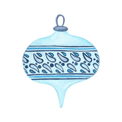 Fototapeta premium Vintage Blue Bauble. Gouache illustration of Christmas decoration with folk ornament. Hand-drawn gouache for wallpaper, banner, textile, postcard 