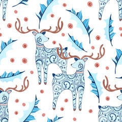 Deer and Holly Folk Pattern.  Seamless pattern of deers decorated with folk swirls and holly leaves with berries. Hand-drawn gouache illustration  for wallpaper, banner, textile, postcard or wrapping 