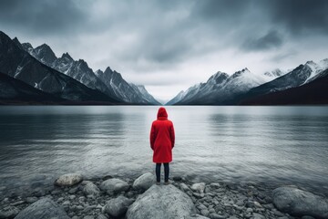 Person from behind standing alone and looking at beautiful lake and mountains under cloudy sky in daylight. Autumn mourning. Relaxed, peaceful, happy and free. Travel concept with copy space