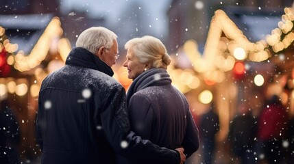 Happy senior couple having fun at outdoor Christmas market. Old couple walking on the city street at winter day. Winter holidays and Christmas shopping concept