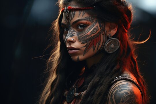 Girl with beautiful face art on black background. Beautiful Indian woman hunter with big American Indian plume of feathers. Native american creative makeup. Western style