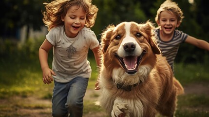 Kids playing with dog outdoors - obrazy, fototapety, plakaty
