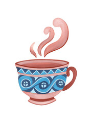 Cup of Tea. Clay cup with Trypillian folk ornament and raising steam above.  Hand-drawn gouache illustration  for wallpaper, banner, textile, postcard or wrapping paper