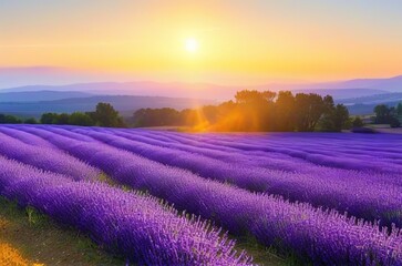 Sunlit lavender field under blue sky, AI generated