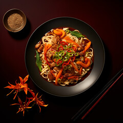 American-Chinese cuisine,  chop suey, consisting of meat, chicken, pork, noodles and eggs. vegetables such as bean sprouts, cabbage, and celery and bound in a starch-thickened sauce - Generative AI