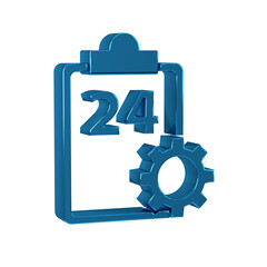 Blue Checklist clipboard with 24 hours service icon isolated on transparent background.