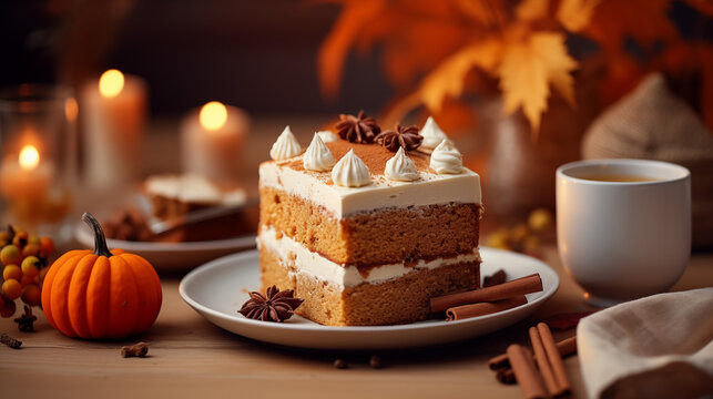 Spiced Pumpkin Cake with Cream Cheese Frosting and a Cup of Coffee