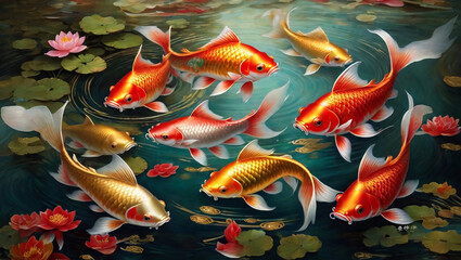 Feng Shui Art "Wealth and blessing 9 lucky koi fish" wallpaper