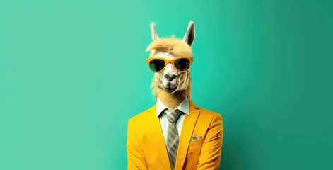 Foto op Canvas Trendy and creative llama wearing glasses and jacket on green background © Alina Zavhorodnii