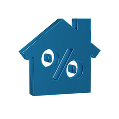 Blue House with percant discount tag icon isolated on transparent background. Real estate home. Credit percentage symbol.