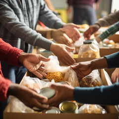 Food drive concept - diverse group of volunteers distributes food among less fortunate - 683321175