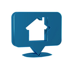 Blue Map pointer with house icon isolated on transparent background. Home location marker symbol.