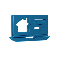 Blue Online real estate house on laptop icon isolated on transparent background. Home loan concept, rent, buy, buying a property.