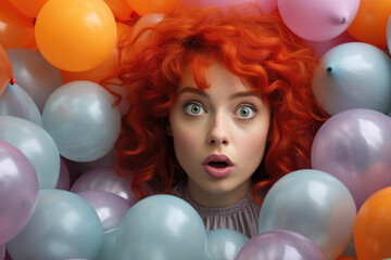 Fototapeta na wymiar The red-haired girl looks surprised at the balloons in the background