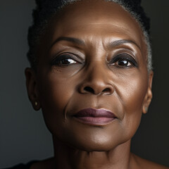close up of black female models face, in her 60's, wrinkles, tired eyes, natural beauty, studio lighting, light beige background