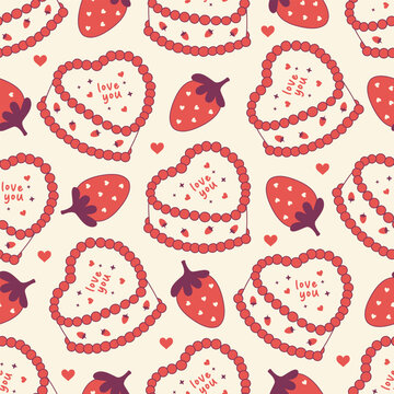 Seamless vector pattern with cute heart shaped bento cake and strawberries. Romantic dessert background. Valentine day and anniversary. Love texture for wrapping paper, wallpaper, textile design