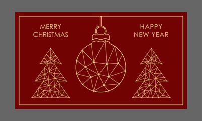 Merry Christmas and happy New Year. Template of a postcard, poster, banner and flyer with a Christmas tree and a festive toy. Minimalistic background for creative design