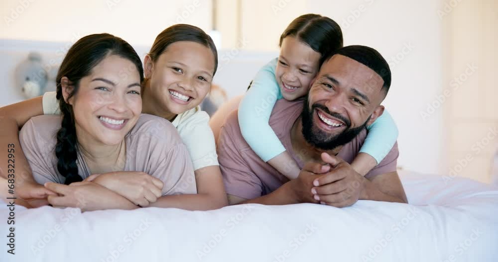 Sticker Happy family, parents and kids on bed with hug, playing and bonding fun in home on weekend. Mother, father and children in playful embrace in bedroom, quality time together and laughing with love.