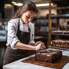 Pastry woman making a chocolate cake. - obrazy, fototapety, plakaty