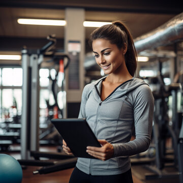 Female personal trainer at the gym using a tablet.
