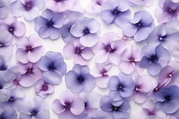 Fototapeta na wymiar Beautiful light purple and violet pansy flower pattern. Floral spring background. Backdrop for wedding, mother's or woman's day. Springtime composition 