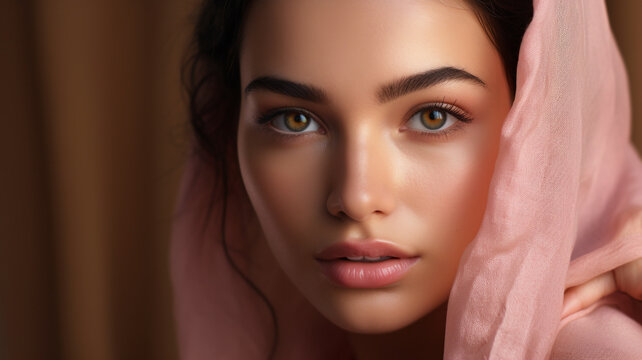 A beautiful exotic woman wearing a veil. Beauty advertising photo, cosmetics shot, beauty industry advertisement.	