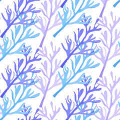 Naklejka premium watercolor seaweed seamless vector pattern, isolated on white background