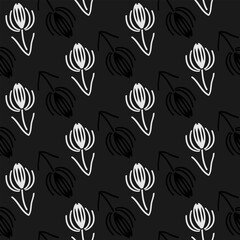 abstract botanical seamless vector pattern, black and white